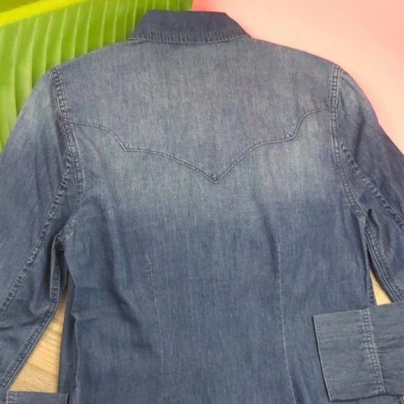 Level 99 Anthropologie Chambray Long Sleeve Snap Button Shirt - Picture 8 of 9